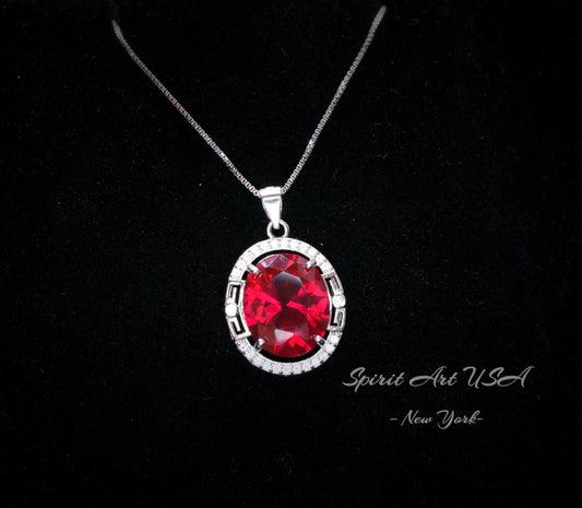 Large Oval Red Ruby Necklace - 5 CT White Gold Sterling Silver Gemstone Halo Red Ruby Pendant - July Birthstone - Ruby Jewelry #552