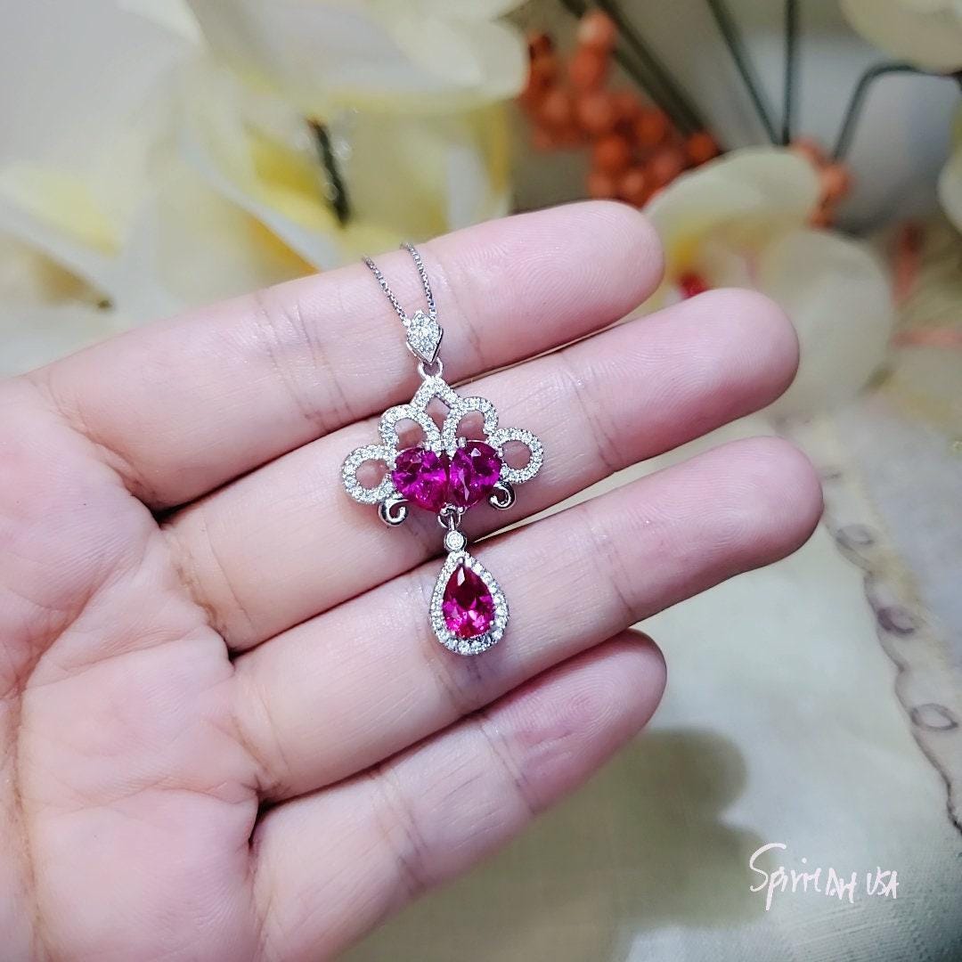 Peacock Flower Red Ruby Necklace 18KGP Sterling Silver Gemstone Tassel Red Ruby Pendant White Gold coated Bridal Wedding Jewelry #533