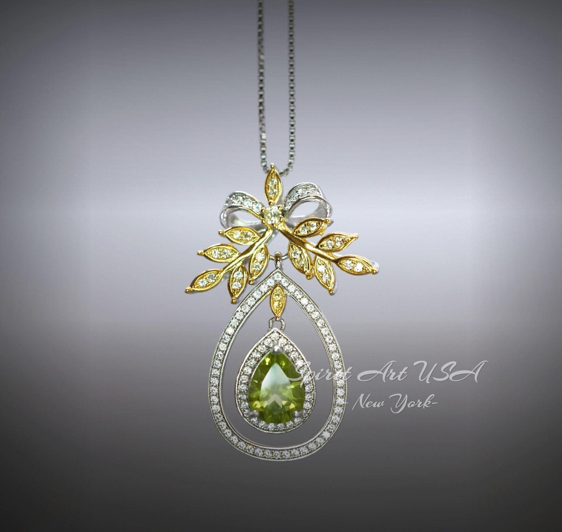 Teardrop Genuine Peridot Necklace The Tree Of Life Pendant 18KGP @ Sterling Silver Olive branch 2.5 Ct Pear Cut Green Peridot Jewelry #862