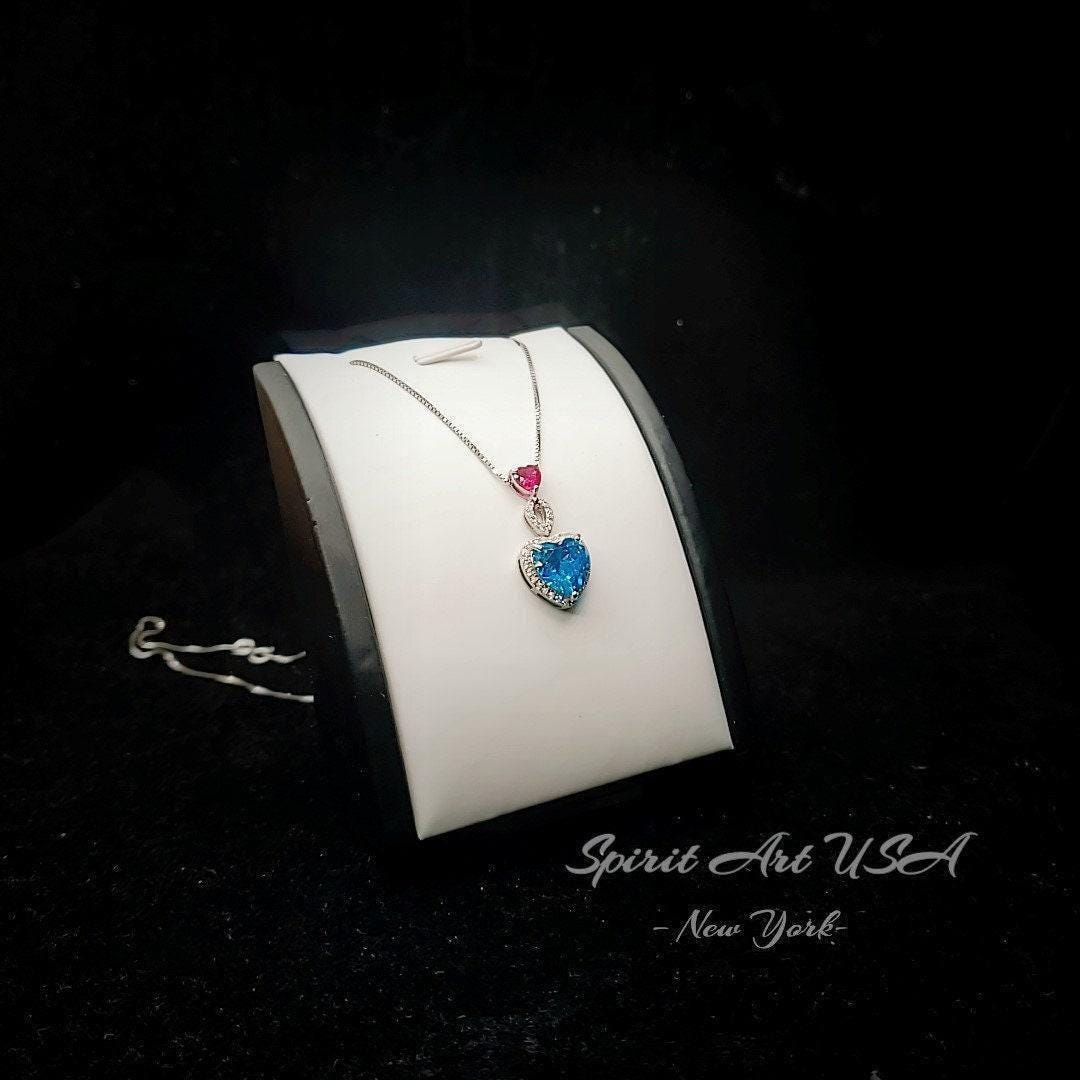 Double Heart Blue Topaz Necklace - 4 Ct Gemstone Halo Heart Connect Heart Necklace - November Birthstone - Blue Topaz Pendant #1123