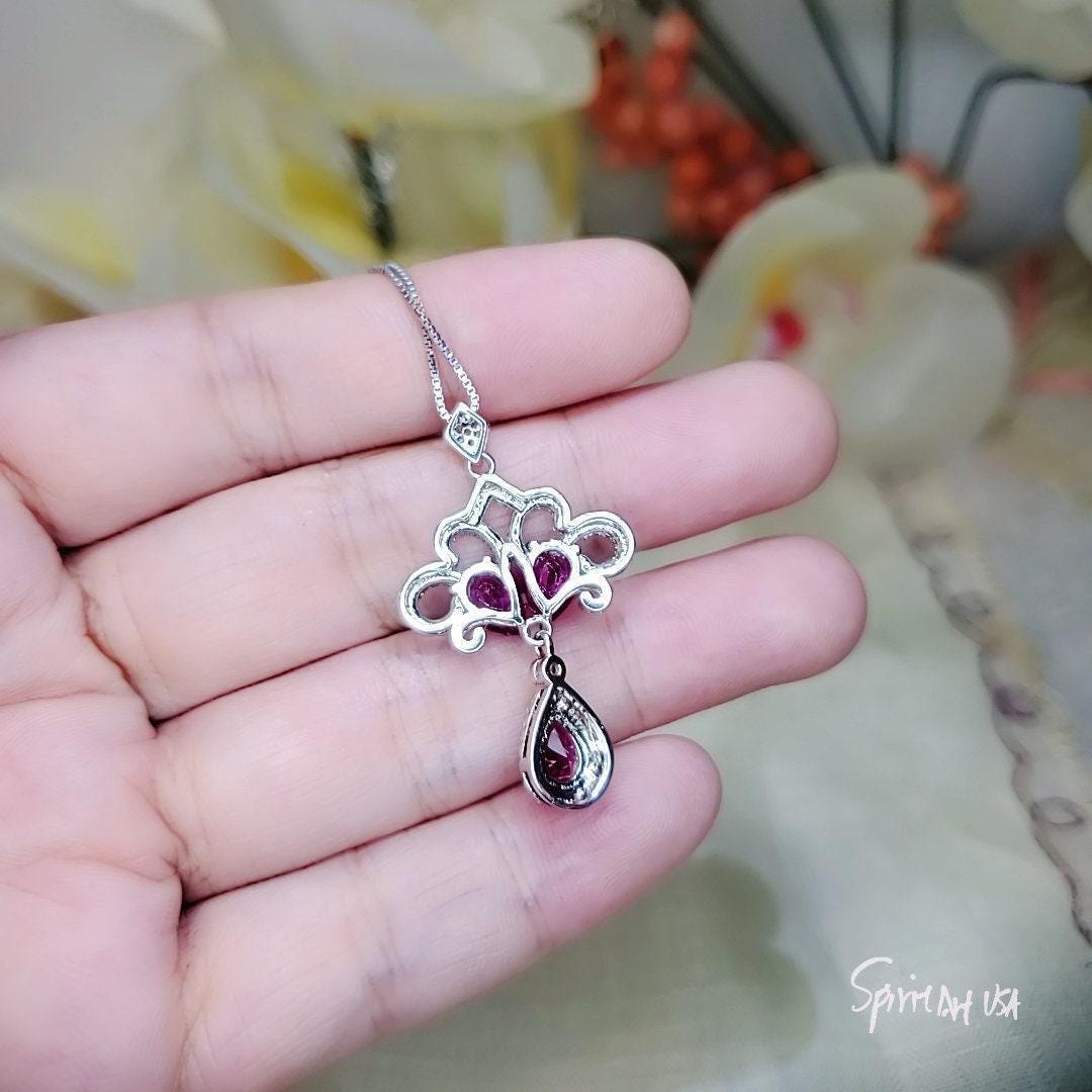 Peacock Flower Red Ruby Necklace 18KGP Sterling Silver Gemstone Tassel Red Ruby Pendant White Gold coated Bridal Wedding Jewelry #533