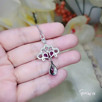 Peacock Flower Red Ruby Necklace 18KGP Sterling Silver Gemstone Tassel Red Ruby Pendant White Gold coated Bridal Wedding Jewelry #533