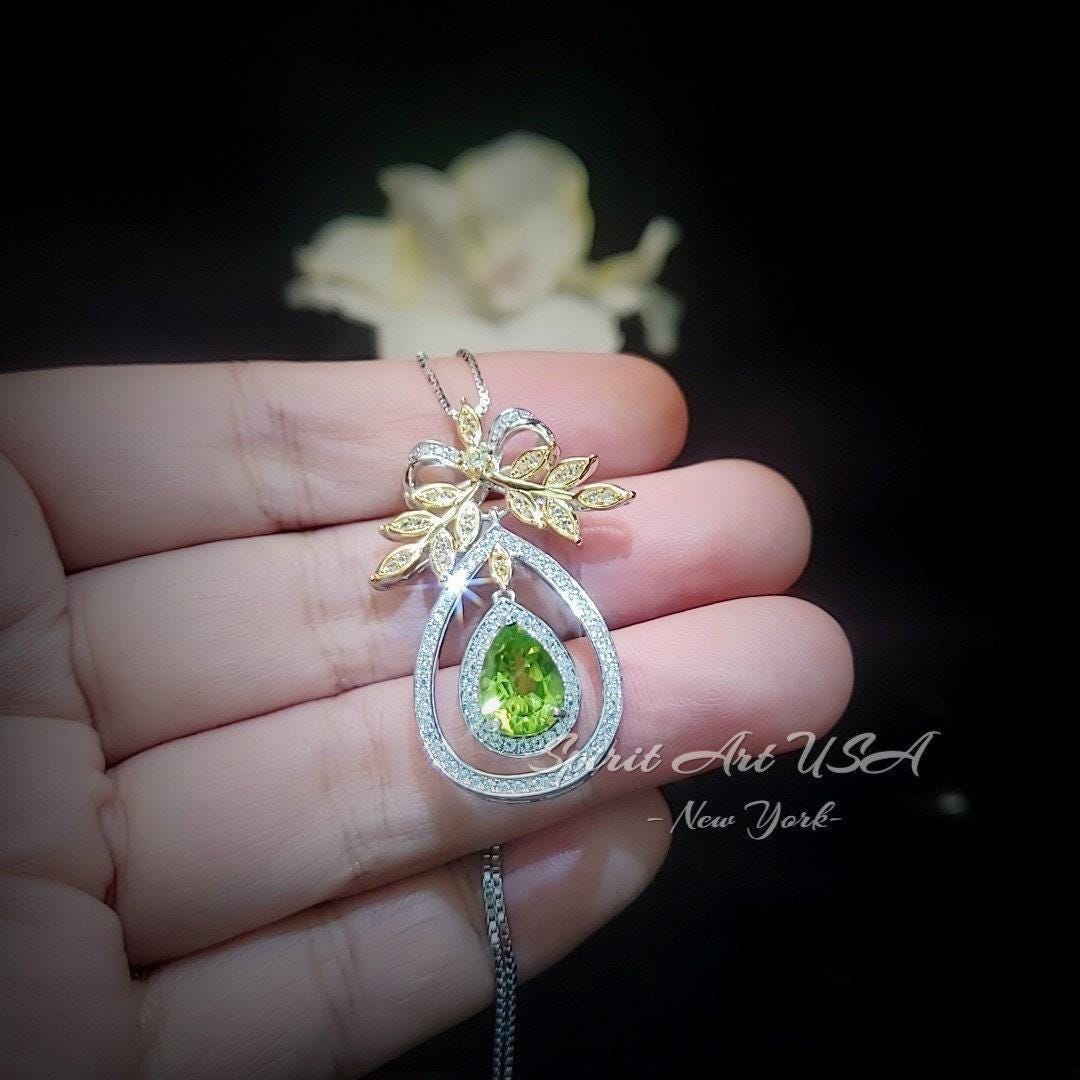 Teardrop Genuine Peridot Necklace The Tree Of Life Pendant 18KGP @ Sterling Silver Olive branch 2.5 Ct Pear Cut Green Peridot Jewelry #862