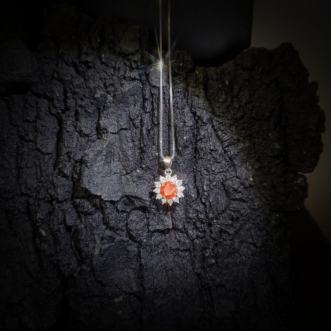 Tiny Sunstone Necklace - Sterling Silver Tangerine Sapphire Red Orange Spessartite Garnet Necklace - Princess Diana Style Sunflower 013