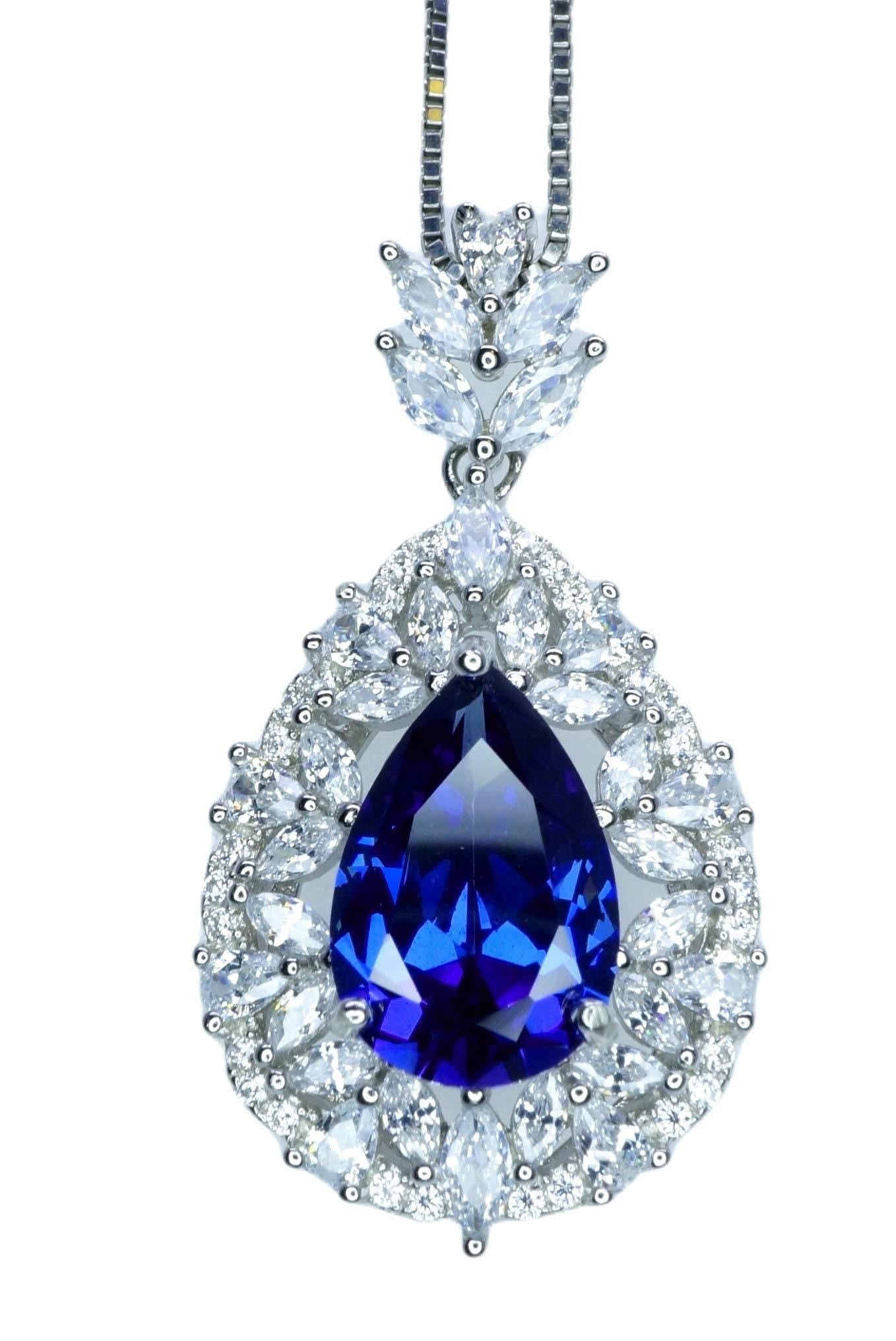 Teardrop Tanzanite Necklace - 18 k White Gold @ Sterling Silver - 3 CT Blue Tanzanite - Gemstone Flower December Birthstone #900