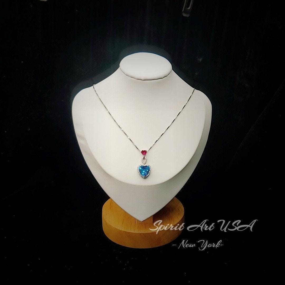Double Heart Blue Topaz Necklace - 4 Ct Gemstone Halo Heart Connect Heart Necklace - November Birthstone - Blue Topaz Pendant #1123