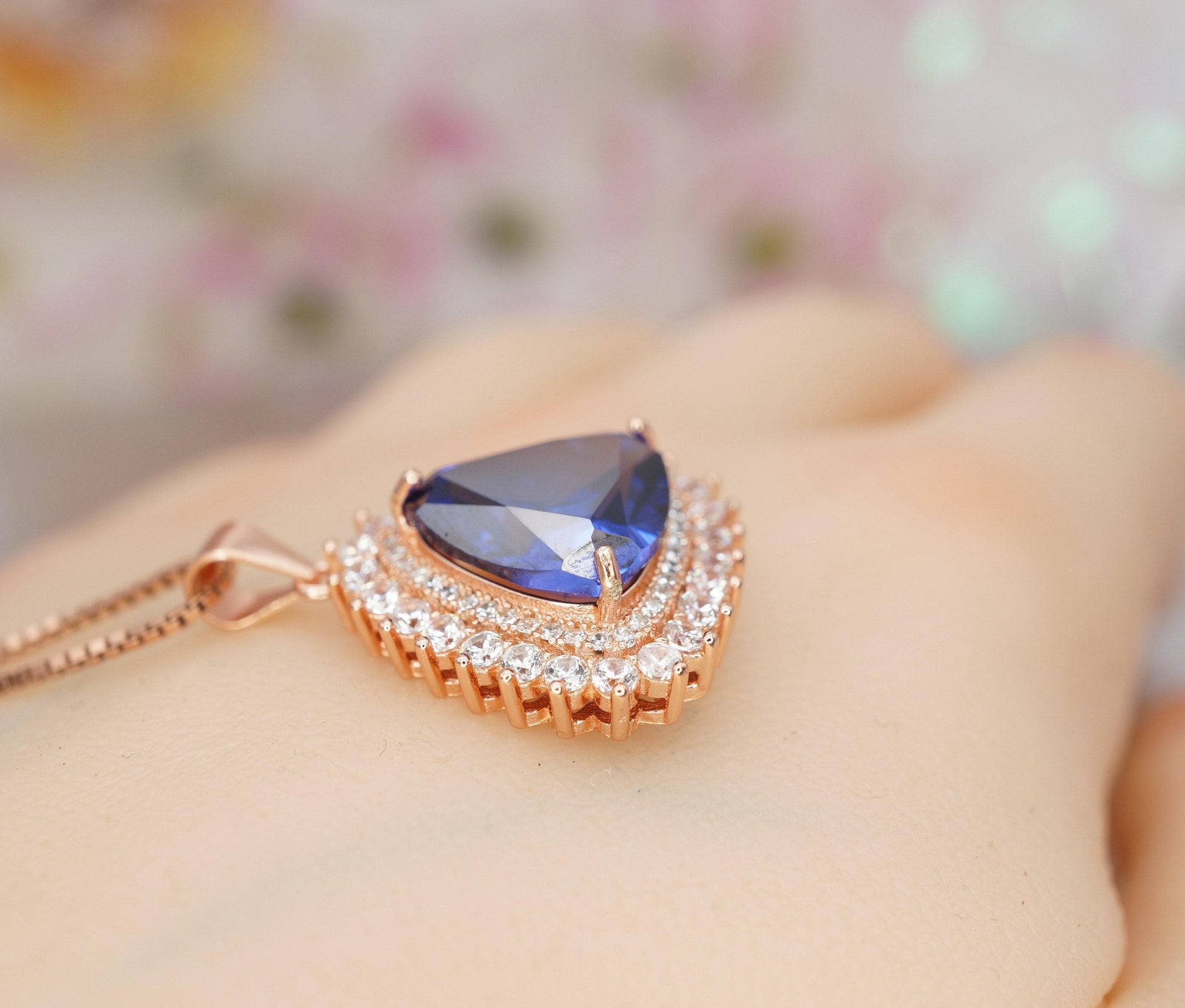 Trillion Tanzanite Necklace - Triangle Halo 10 ct Lab Created Tanzanite Pendant - Rose Gold Sterling Silver Large December Birthstone #728