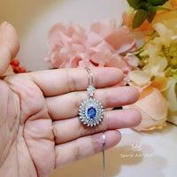 Life Spiral Blue Sapphire Necklace, White Gold Coated Sterling Silver, Triple Gemstone Blue Sapphire Pendant Royal Whirl Jewelry #843