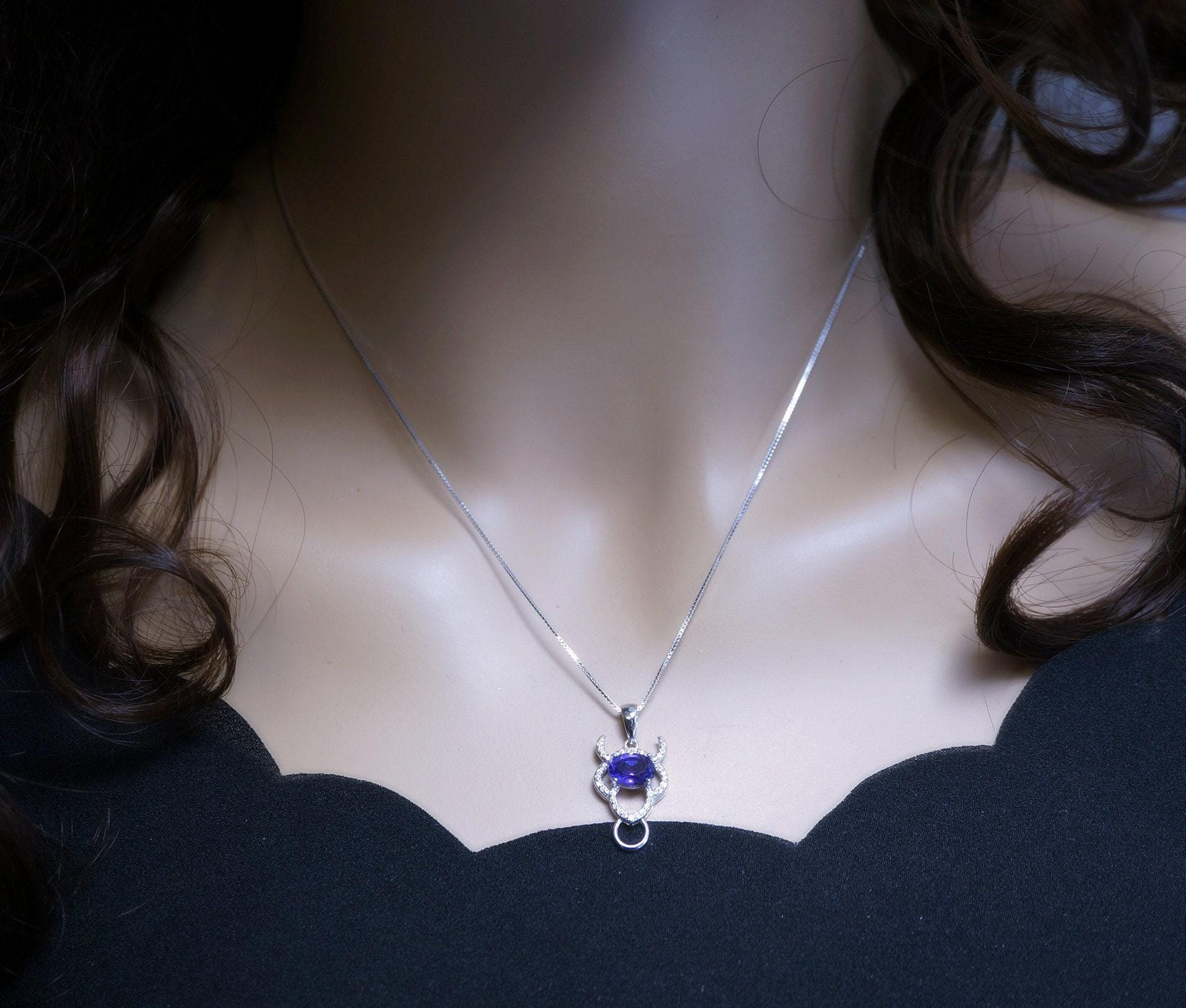 Natural Amethyst Necklace Sterling Silver 1.5 CT Sim Diamond 14k White Gold Coated Buffalo Bull Ox Purple Pendant February Birthstone 1020
