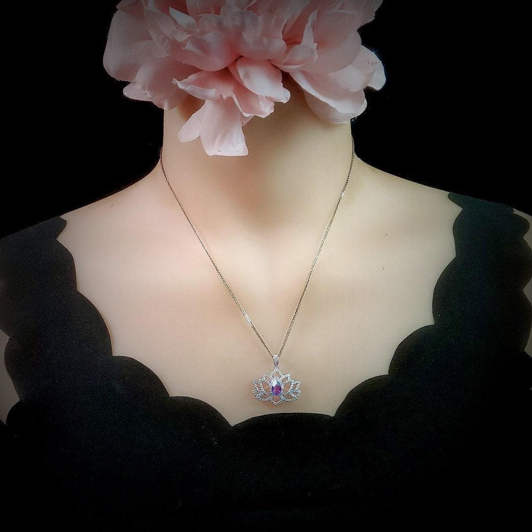 Lotus Style Genuine Amethyst Necklace Gemstone Water lily Pendant 18KGP @ Sterling Silver February Birthstone - Amethyst Jewelry #697