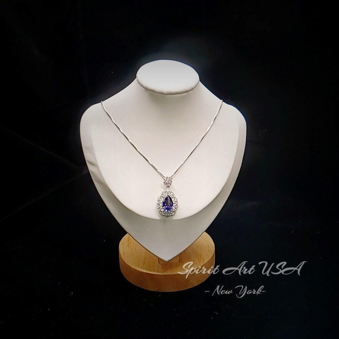 Teardrop Tanzanite Necklace - 18 k White Gold @ Sterling Silver - 3 CT Blue Tanzanite - Gemstone Flower December Birthstone #900