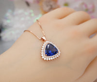 Trillion Tanzanite Necklace - Triangle Halo 10 ct Lab Created Tanzanite Pendant - Rose Gold Sterling Silver Large December Birthstone #728