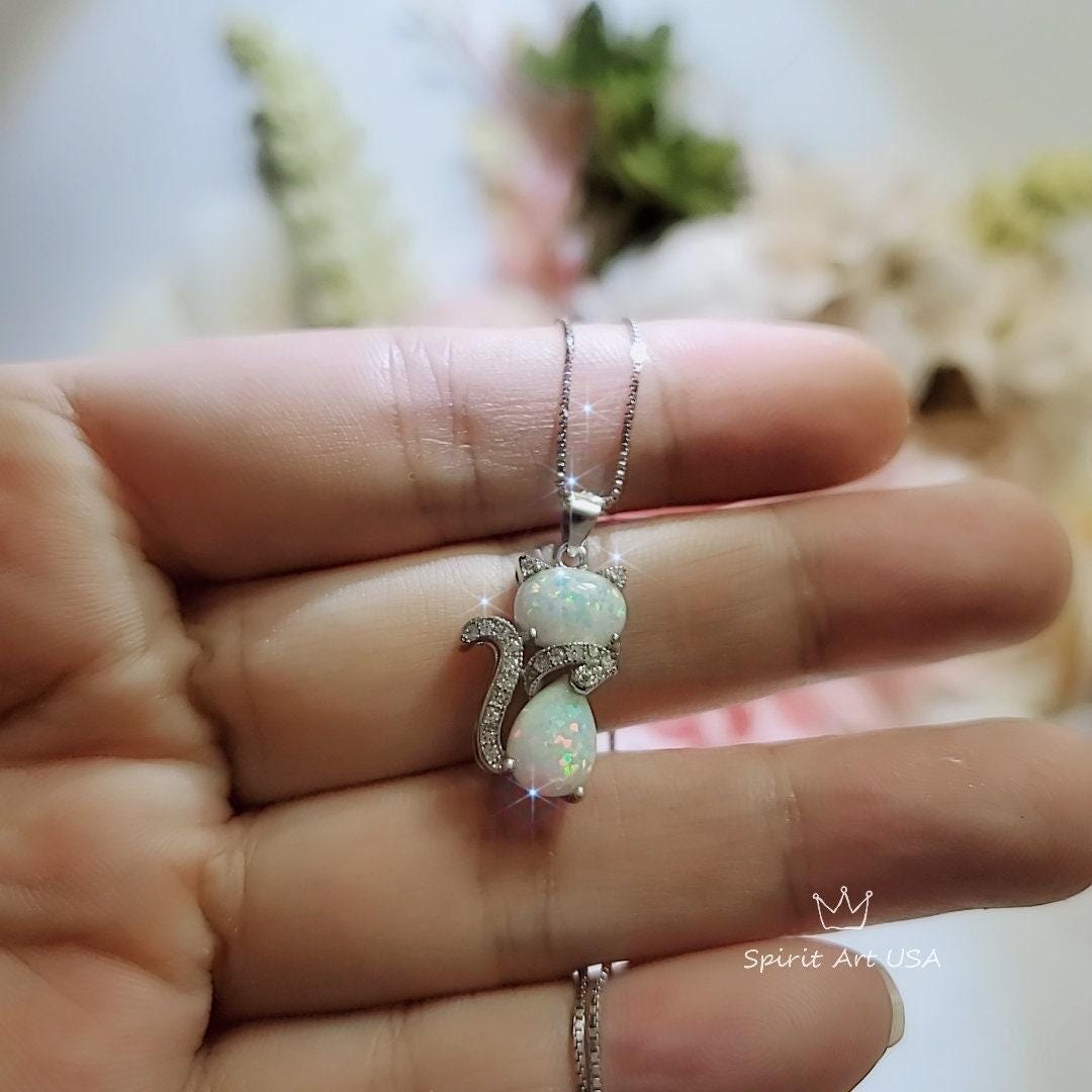 Cat Opal necklace - Gemstone Kitty Cat Opal Pendant 18KGP @ Sterling Silver - Pet Cat lover gift Kitten Jewelry #210