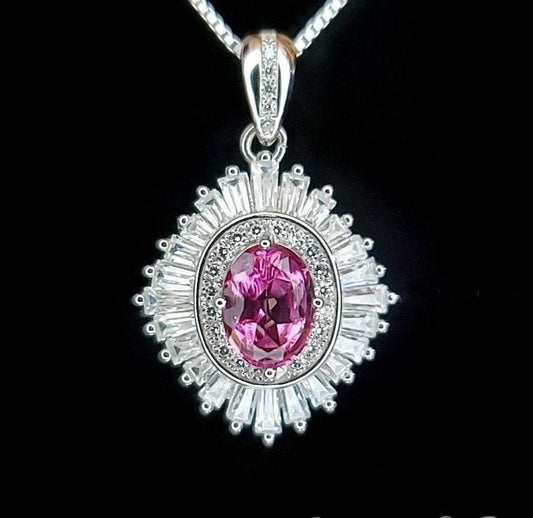 Pink Tourmaline Necklace - Gemstone Halo Tourmaline Pendant - White Gold coated Sterling Silver - 1.5Ct Oval Cut Pink #1012