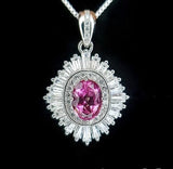 Pink Tourmaline Necklace - Gemstone Halo Tourmaline Pendant - White Gold coated Sterling Silver - 1.5Ct Oval Cut Pink #1012