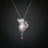 Pink Pearl Necklace Sterling Silver - Large 12mm Genuine Freshwater Pearl Leaf Leaves Ruby Feather Necklace 1100