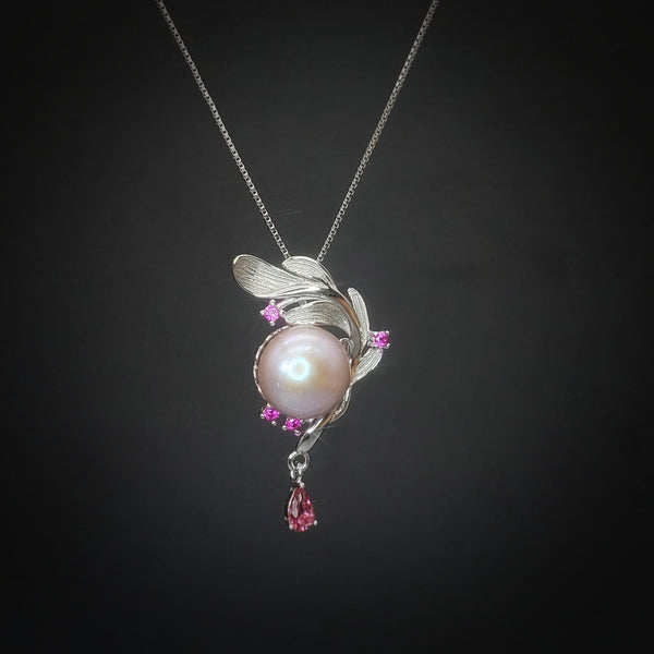 Pink Pearl Necklace Sterling Silver - Large 12mm Genuine Freshwater Pearl Leaf Leaves Ruby Feather Necklace 1100