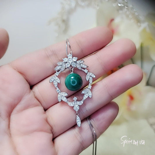 Luxury Malachite Necklace - 18KGP @ Sterling Silver - Genuine Natural Tassel Dangle Malachite Pendant #624