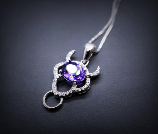 Natural Amethyst Necklace Sterling Silver 1.5 CT Sim Diamond 14k White Gold Coated Buffalo Bull Ox Purple Pendant February Birthstone 1020