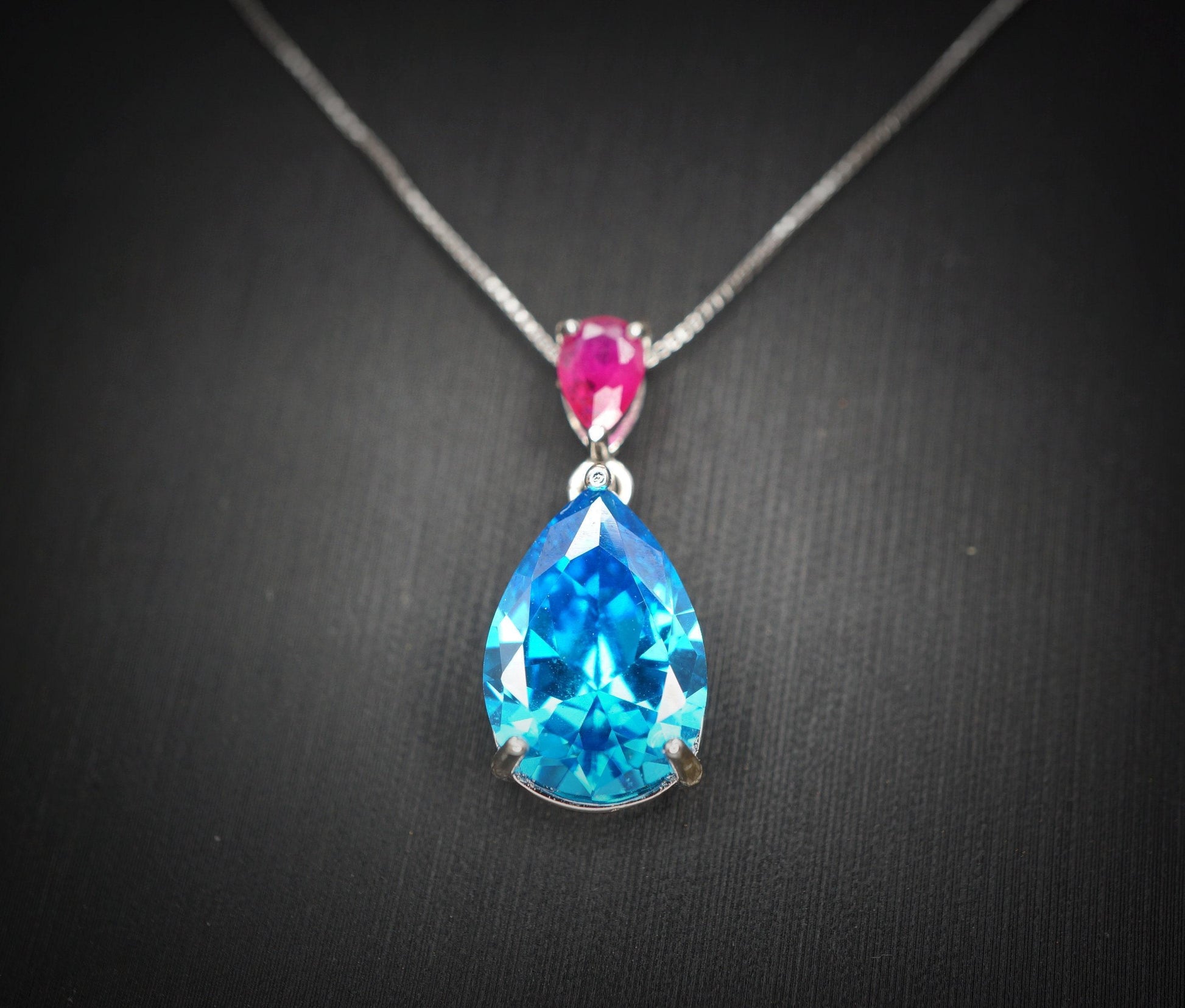Teardrop Topaz Necklace Sterling Silver 6 CT 18K White Gold Plated Lab Created Swiss Blue Blue Topaz Pendant #782