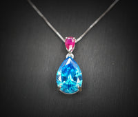 Teardrop Topaz Necklace Sterling Silver 6 CT 18K White Gold Plated Lab Created Swiss Blue Blue Topaz Pendant #782