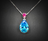 Teardrop Topaz Necklace Sterling Silver 6 CT 18K White Gold Plated Lab Created Swiss Blue Blue Topaz Pendant #782