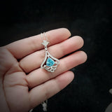 Mandolin flower Blue Aquamarine Necklace - 1.2 ct Trillion Cut Blue Aquamarine Pendant White Gold coated Sterling Silver Diamond Design #683