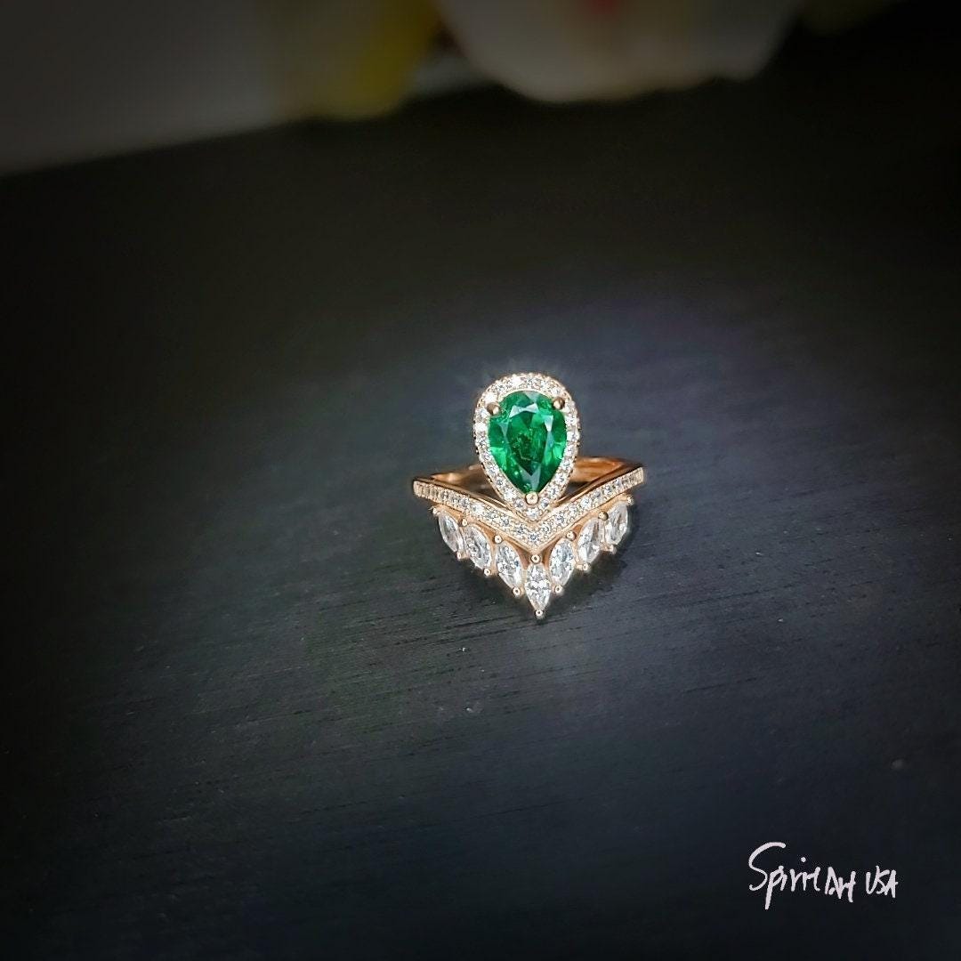 Teardrop Emerald Crown Ring Rose Gold Sterling Silver Royal Green Gemstone Solitaire Statement Mult-stone Promise J Ring 1056
