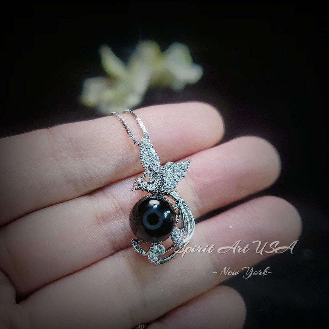 Black Onyx Phoenix Necklace - White Gold plated Sterling Silver - Gemstone Bird Black Gemstone Pendant #508