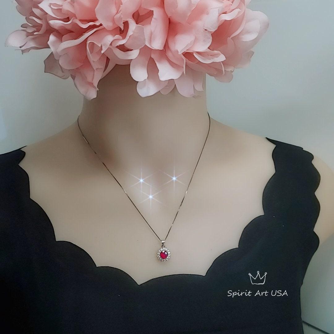 Minimalist Ruby Necklace - 6 mm 0.85 CT Gemstone Sunflower White Gold 925 Silver Princess Diana Style 021
