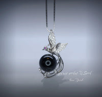 Black Onyx Phoenix Necklace - White Gold plated Sterling Silver - Gemstone Bird Black Gemstone Pendant #508