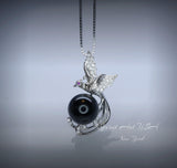 Black Onyx Phoenix Necklace - White Gold plated Sterling Silver - Gemstone Bird Black Gemstone Pendant #508