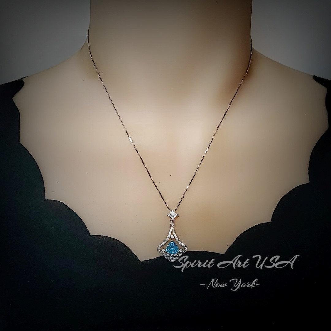 Mandolin flower Blue Aquamarine Necklace - 1.2 ct Trillion Cut Blue Aquamarine Pendant White Gold coated Sterling Silver Diamond Design #683