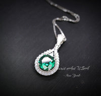 8mm Round Emerald Necklace - 18KGP @ Sterling Silver Teardrop Green Emerald Pendant - May Birthstone #334