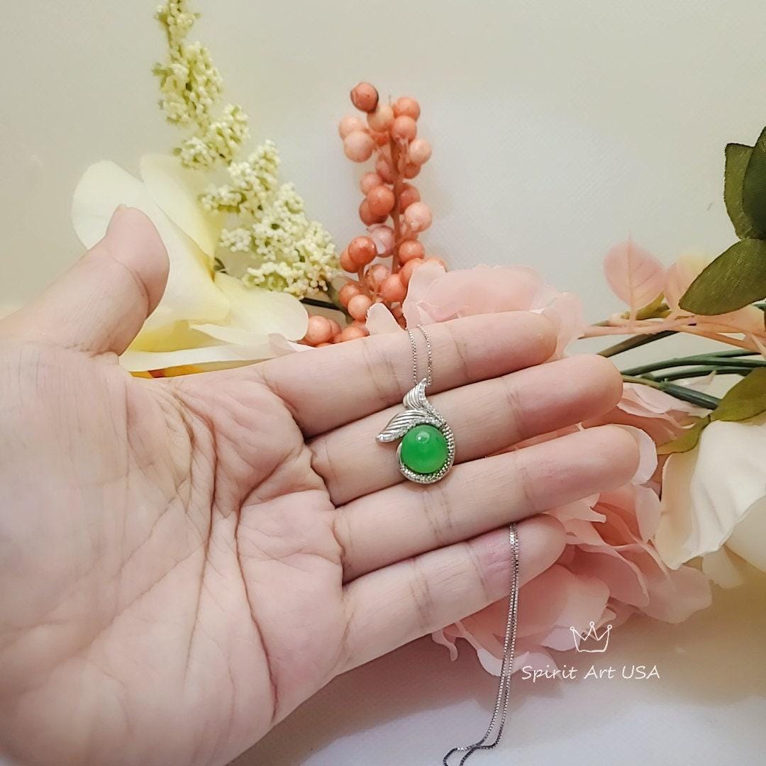 Green Jade Necklace Gemstone Mermaid Pendant White Gold plated Sterling Silver Fish Tail Natural Genuine Green Jade Jewelry #963