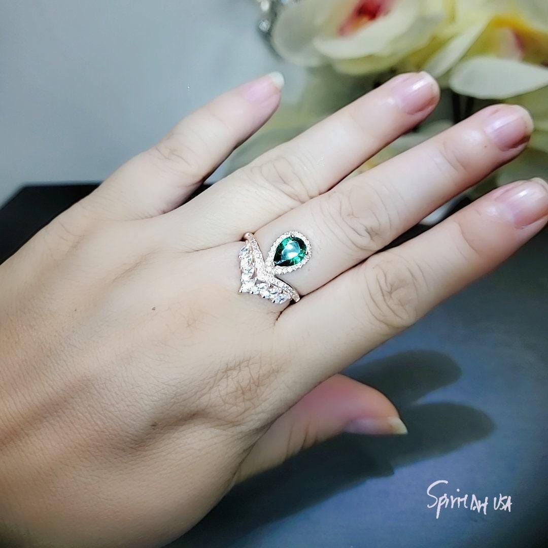 Teardrop Emerald Crown Ring Rose Gold Sterling Silver Royal Green Gemstone Solitaire Statement Mult-stone Promise J Ring 1056