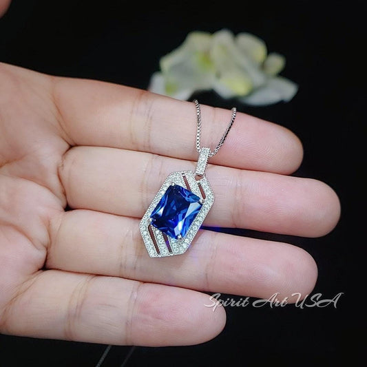 Spacecraft Style Blue Sapphire Necklace - Rectangle Scissor Cut 4.5 CT Deep Blue Sapphire Pendant - White Gold coated Sterling Silver #680