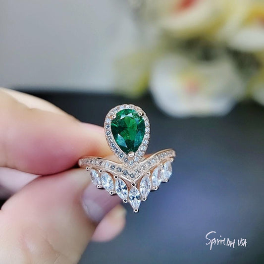Teardrop Emerald Crown Ring Rose Gold Sterling Silver Royal Green Gemstone Solitaire Statement Mult-stone Promise J Ring 1056