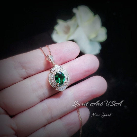 Emerald Necklace - Rose gold 18kgp @ Sterling Silver - Oval Cut Store exclusive Design - Green Emerald Pendant - May Birthstone 1069