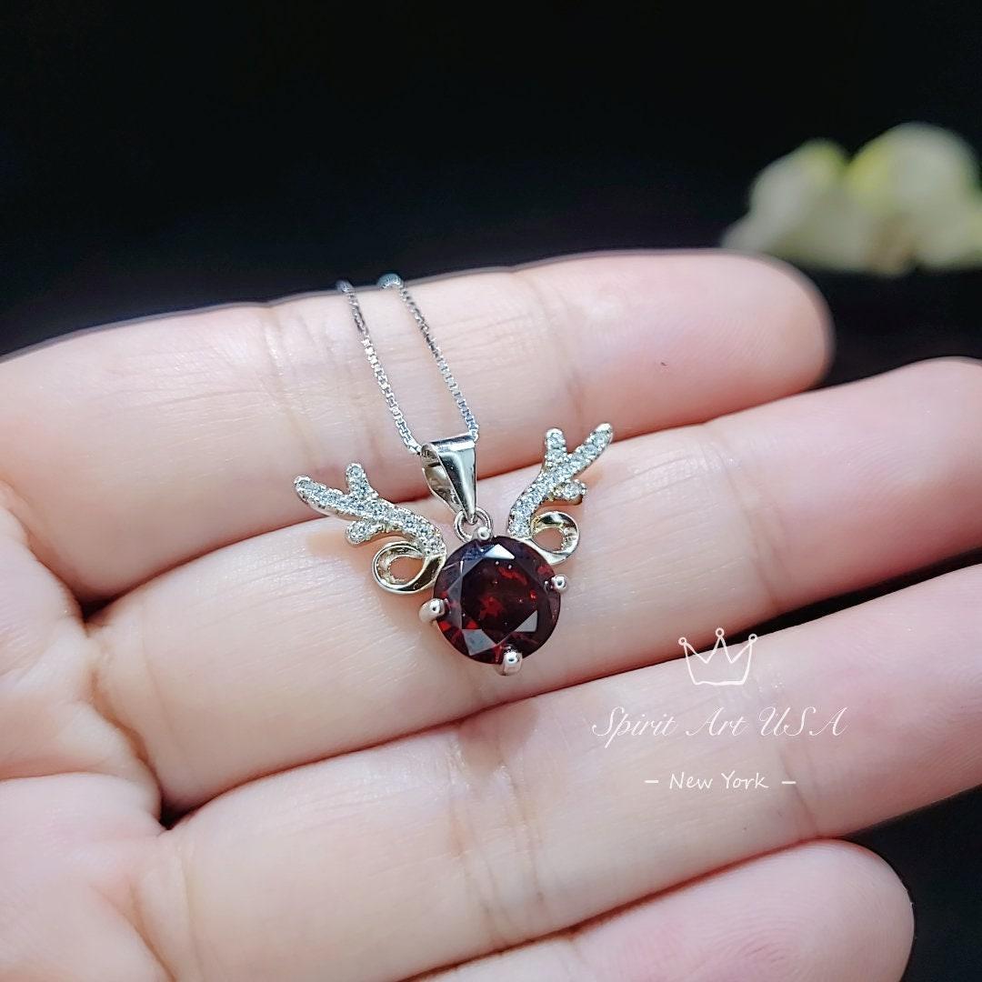Deer Antler Garnet Necklace - Sterling Silver 8mm Round Cut 2 Ct Garnet Pendant - January Birthstone #341