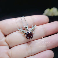 Gemstone Deer Antler Garnet Necklace - Sterling Silver 8mm Round Cut 2 Ct Garnet Pendant - January Birthstone #341