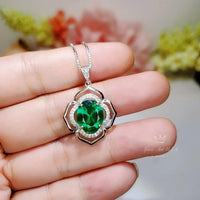 Flower of Life Emerald Necklace Large - Sterling Silver 4 CT Green May Birthstone - Emerald Pendant White Gold Coated #632