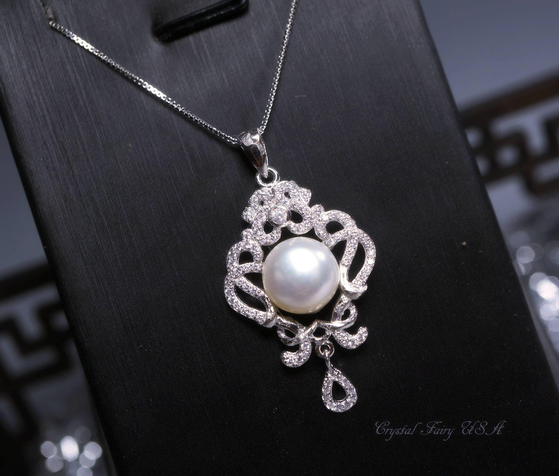 Bridal Genuine Pearl Necklace - 18KGP @ Sterling Silver - Natural Freshwater Gemstone Tassel White Pearl Pendant Jewelry #706