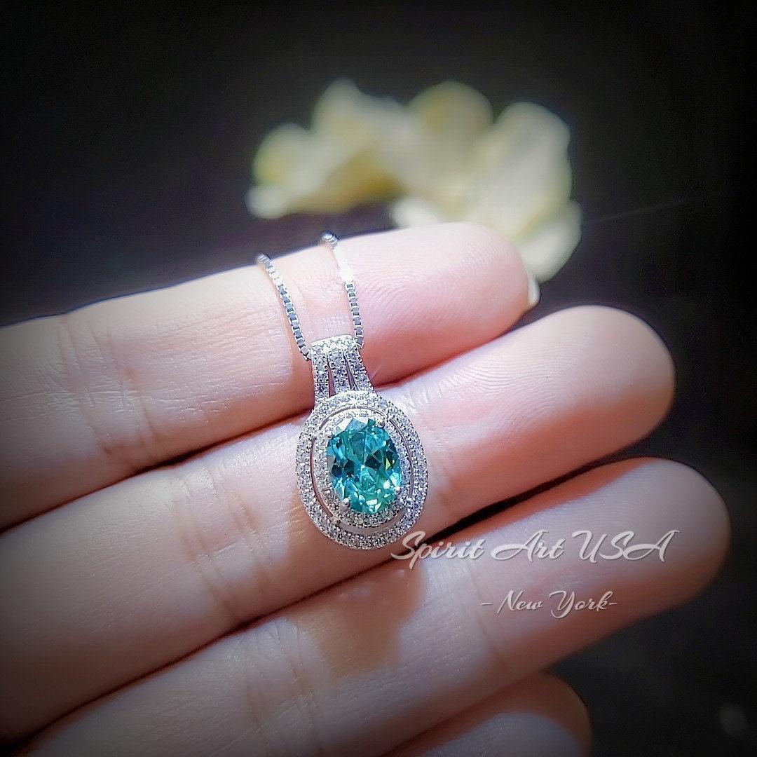 Green Paraiba Necklace - Double Halo - Paraiba Tourmaline Pendant - 18kgp @ Sterling Silver White Gold Oval Cut Paraiba Jewelry #516