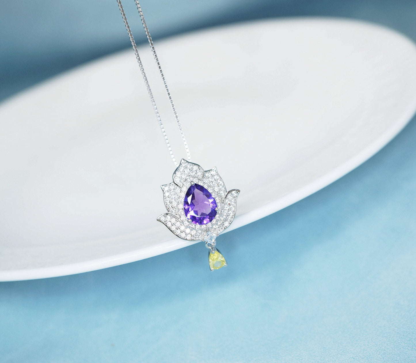 Amethyst Necklace - Lotus Flower Pendant - 18kGP @ Sterling Silver Teardrop Halo Genuine Amethyst Pendant February Birthstone #924