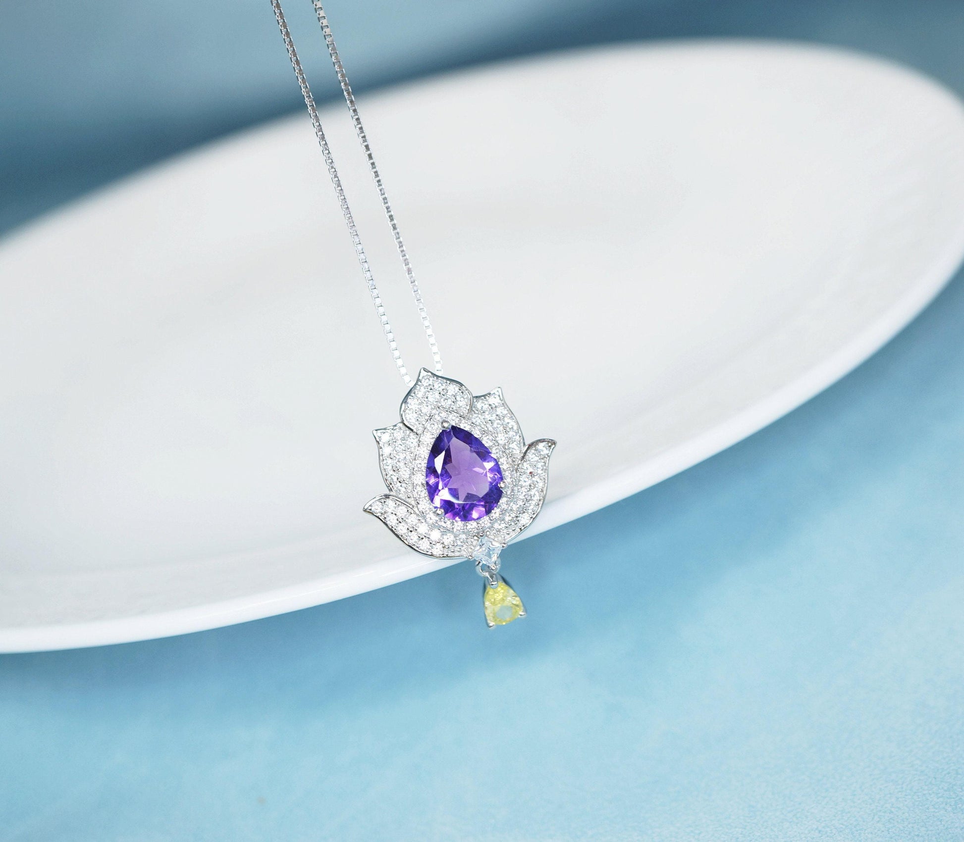 Amethyst Necklace - Lotus Flower Pendant - 18kGP @ Sterling Silver Teardrop Halo Genuine Amethyst Pendant February Birthstone #924