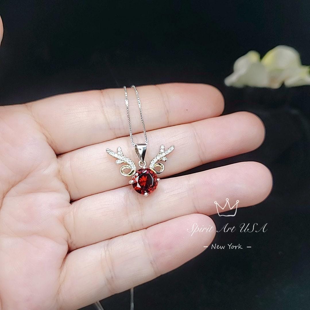 Deer Antler Garnet Necklace - Sterling Silver 8mm Round Cut 2 Ct Garnet Pendant - January Birthstone #341
