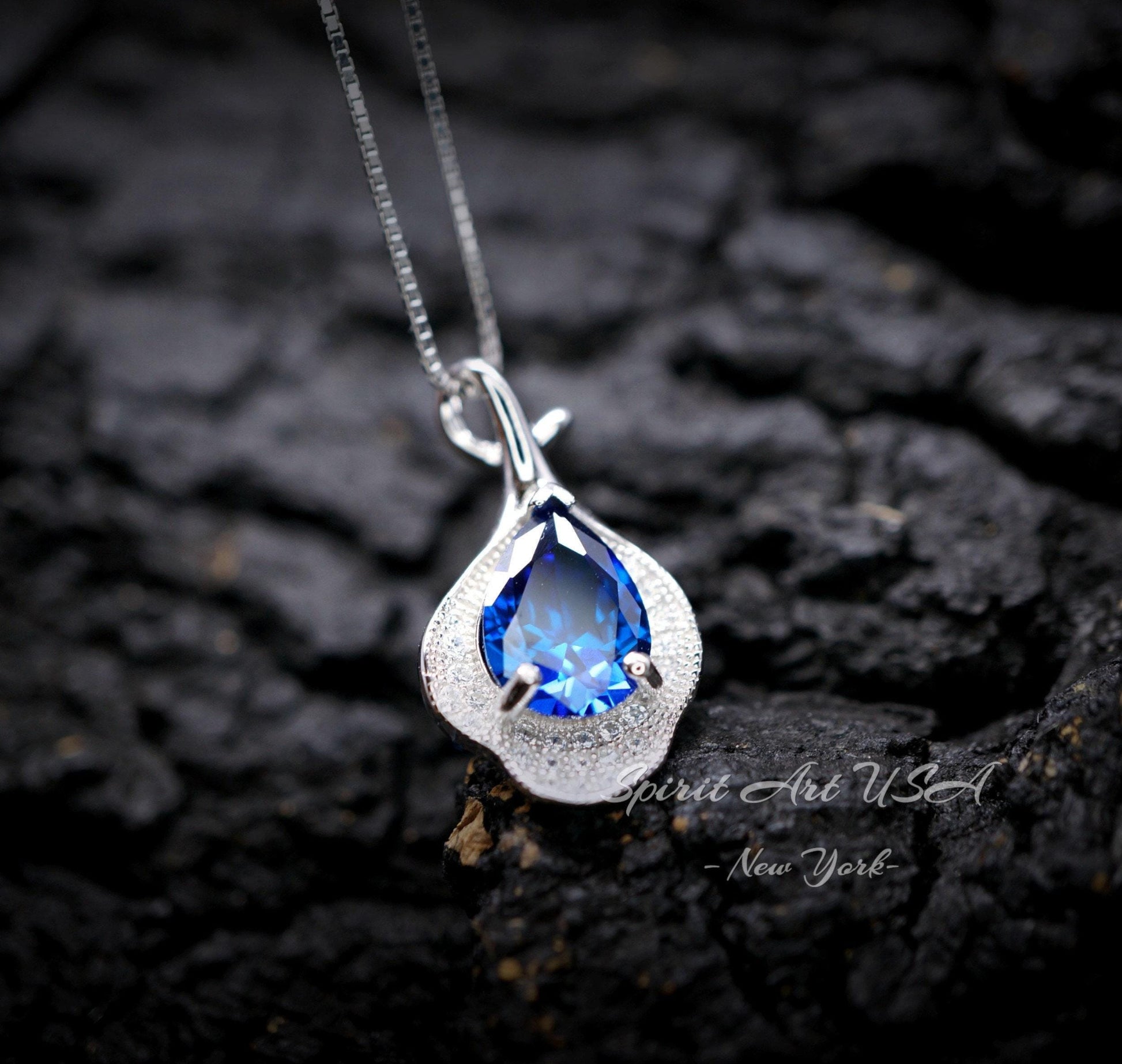 Blue Sapphire Petal Necklace Sterling Silver White Gold Plated - 2.5 CT Teardrop Blue Sapphire Pendant - Gemstone Petal Flower Jewelry #486