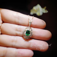 Double Halo Gemstone Rose Gold Emerald Necklace Sterling Silver Flower of Life 1 ct Green Gemstone Pendant Dainty Emerald Pendant #370