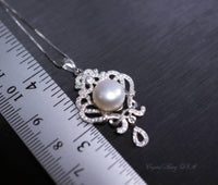 Bridal Genuine Pearl Necklace - 18KGP @ Sterling Silver - Natural Freshwater Gemstone Tassel White Pearl Pendant Jewelry #706